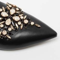 Rene Caovilla Black Leather Crystal Embellished Pointed Toe Flat Mules Size 39.5