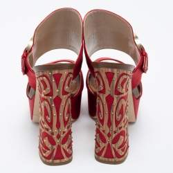 Pre Owned René Caovilla Red Satin Embellished Buckle Platform Sandals Size 36