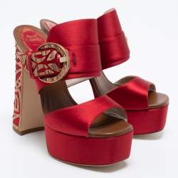 Pre Owned René Caovilla Red Satin Embellished Buckle Platform Sandals Size 36
