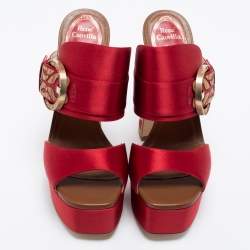 Pre Owned René Caovilla Red Satin Embellished Buckle Platform Sandals Size 36