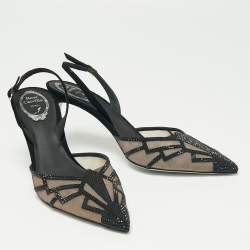 Pre Owned René Caovilla Black Suede And Mesh Nadine Embellishment Slingback Sandals Size 41