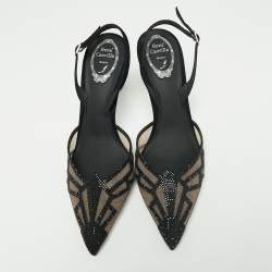 Pre Owned René Caovilla Black Suede And Mesh Nadine Embellishment Slingback Sandals Size 41