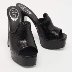 Rene Caovilla Black Snakeskin Leather and Crystal Mule Sandals Size 39