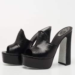 Rene Caovilla Black Snakeskin Leather and Crystal Mule Sandals Size 39