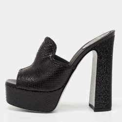 Rene Caovilla Black Snakeskin Leather and Crystal Mule Sandals Size 39