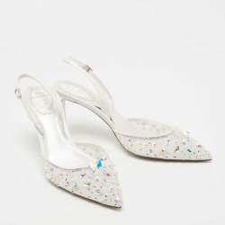 مملوكة مسبقًا René Caovilla White Crystal Embellished Lace Cinderella Slingback Pumps Size 40