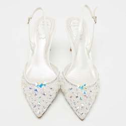 مملوكة مسبقًا René Caovilla White Crystal Embellished Lace Cinderella Slingback Pumps Size 40