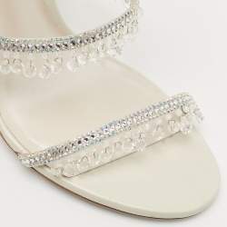 Rene Caovilla White Leather Crystal Embellished Chandelier Ankle Wrap Sandals Size 38