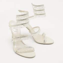 Rene Caovilla White Leather Crystal Embellished Chandelier Ankle Wrap Sandals Size 38