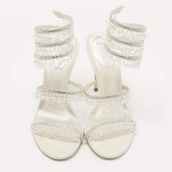 Rene Caovilla White Leather Crystal Embellished Chandelier Ankle Wrap Sandals Size 38
