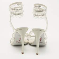 Rene Caovilla White Leather Crystal Embellished Chandelier Ankle Wrap Sandals Size 38
