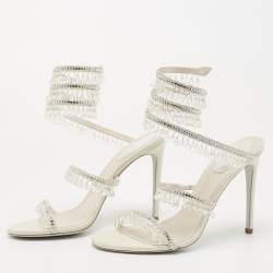 Rene Caovilla White Leather Crystal Embellished Chandelier Ankle Wrap Sandals Size 38