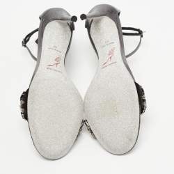 Pre Owned René Caovilla Grey Leather Crystal Embellished Ankle Strap Sandals Size 40