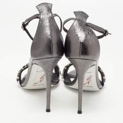 Pre Owned René Caovilla Grey Leather Crystal Embellished Ankle Strap Sandals Size 40