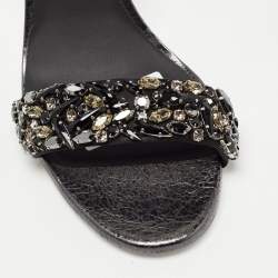 Pre Owned René Caovilla Grey Leather Crystal Embellished Ankle Strap Sandals Size 40