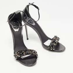 Pre Owned René Caovilla Grey Leather Crystal Embellished Ankle Strap Sandals Size 40