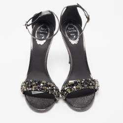 Pre Owned René Caovilla Grey Leather Crystal Embellished Ankle Strap Sandals Size 40