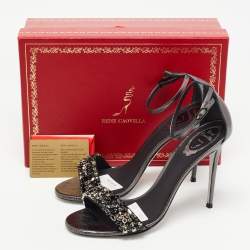Pre Owned René Caovilla Grey Leather Crystal Embellished Ankle Strap Sandals Size 40
