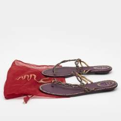 Pre Owned Rene Caovilla Purple/Multicolor Crystal Embellished Satin Toe Ring Flats Size 41