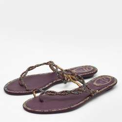 Pre Owned Rene Caovilla Purple/Multicolor Crystal Embellished Satin Toe Ring Flats Size 41