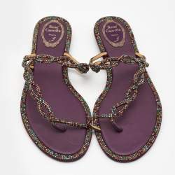 Pre Owned Rene Caovilla Purple/Multicolor Crystal Embellished Satin Toe Ring Flats Size 41
