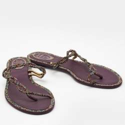 Pre Owned Rene Caovilla Purple/Multicolor Crystal Embellished Satin Toe Ring Flats Size 41