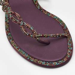 Pre Owned Rene Caovilla Purple/Multicolor Crystal Embellished Satin Toe Ring Flats Size 41