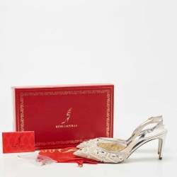 René Caovilla White/Silver Leather and Mesh Crystal Embellished Lace Slingback Pumps Size 37