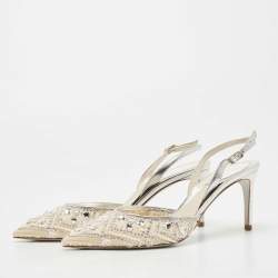 René Caovilla White/Silver Leather and Mesh Crystal Embellished Lace Slingback Pumps Size 37