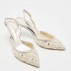René Caovilla White/Silver Leather and Mesh Crystal Embellished Lace Slingback Pumps Size 37