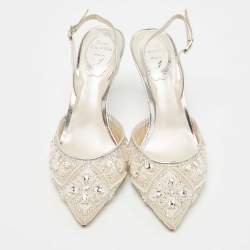 René Caovilla White/Silver Leather and Mesh Crystal Embellished Lace Slingback Pumps Size 37
