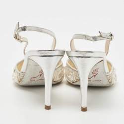 René Caovilla White/Silver Leather and Mesh Crystal Embellished Lace Slingback Pumps Size 37