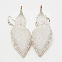 René Caovilla White/Silver Leather and Mesh Crystal Embellished Lace Slingback Pumps Size 37