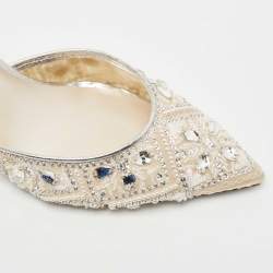 René Caovilla White/Silver Leather and Mesh Crystal Embellished Lace Slingback Pumps Size 37