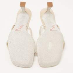 مملوكة مسبقًا René Caovilla Cream Croc Embossed Leather Crystal Embellished Slide Sandals Size 38