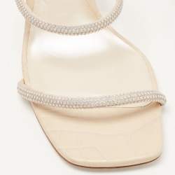مملوكة مسبقًا René Caovilla Cream Croc Embossed Leather Crystal Embellished Slide Sandals Size 38