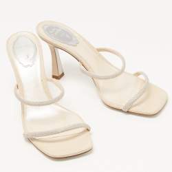 مملوكة مسبقًا René Caovilla Cream Croc Embossed Leather Crystal Embellished Slide Sandals Size 38