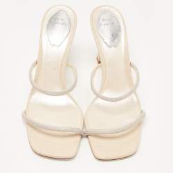 مملوكة مسبقًا René Caovilla Cream Croc Embossed Leather Crystal Embellished Slide Sandals Size 38