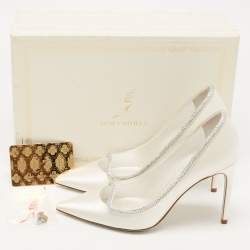 Pre Owned René Caovilla White Satin Crystal Embellished Sylvie Platform Pumps Size 35
