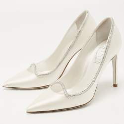 Pre Owned René Caovilla White Satin Crystal Embellished Sylvie Platform Pumps Size 35