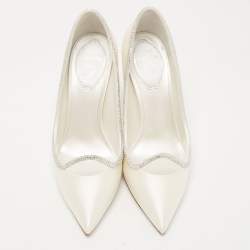Pre Owned René Caovilla White Satin Crystal Embellished Sylvie Platform Pumps Size 35