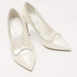 Pre Owned René Caovilla White Satin Crystal Embellished Sylvie Platform Pumps Size 35