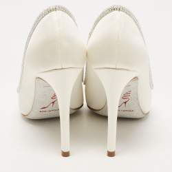 Pre Owned René Caovilla White Satin Crystal Embellished Sylvie Platform Pumps Size 35