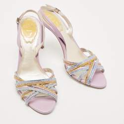 Pre Owned René Caovilla Multicolor Crystal Embellished Leather Vida Ankle Strap Sandals Size 36