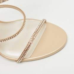 Pre Owned René Caovilla Metallic Beige Satin Crystal Embellished Cleo Ankle Wrap Sandals Size 40