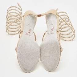 Pre Owned René Caovilla Metallic Beige Satin Crystal Embellished Cleo Ankle Wrap Sandals Size 40