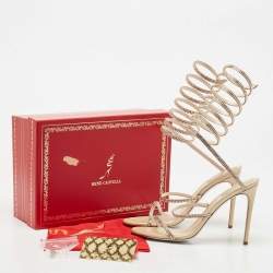 Pre Owned René Caovilla Metallic Beige Satin Crystal Embellished Cleo Ankle Wrap Sandals Size 40