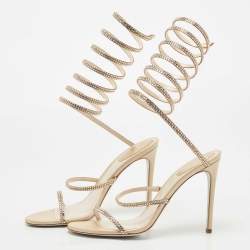 Pre Owned René Caovilla Metallic Beige Satin Crystal Embellished Cleo Ankle Wrap Sandals Size 40