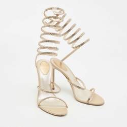 Pre Owned René Caovilla Metallic Beige Satin Crystal Embellished Cleo Ankle Wrap Sandals Size 40