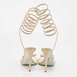 Pre Owned René Caovilla Metallic Beige Satin Crystal Embellished Cleo Ankle Wrap Sandals Size 40